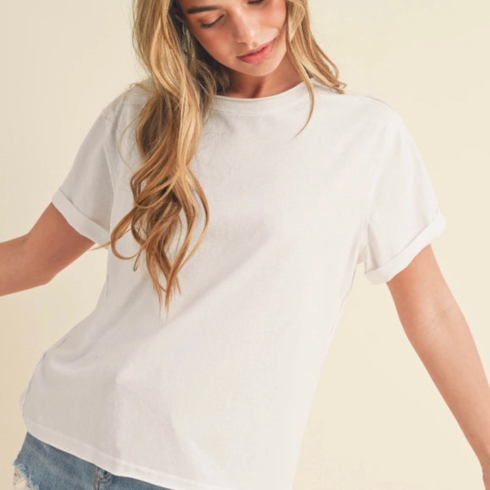 Rolled sleeve T White Women's Top